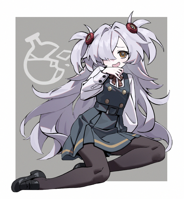 chunrijun (springer), kanoe (blue archive), blue archive, 1girl, @ @, belt, black pantyhose, black shoes, border, bow, bowtie, brown eyes, buttons, dress, full body, grey background, grey hair, hair intakes, hair ornament, hair over one eye, hand to own mouth, hand up, loafers, long hair, long sleeves, looking at viewer, open mouth, pantyhose, pinafore dress, pleated dress, raised eyebrows, red bow, red bowtie, ringed eyes, school uniform, shirt, shoes, sitting, sleeve cuffs, sleeveless, sleeveless dress, smile, solo, two side up, very long hair, white border, white shirt, yellow eyes, yokozuwari