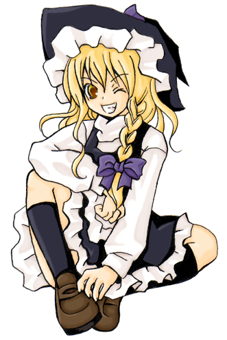 kirisame marisa, touhou, eyebrows, lowres, 1girl, ;d, apron, black hat, black skirt, black socks, black vest, blonde hair, bow, braid, brown eyes, brown shoes, female focus, frilled apron, frills, full body, grin, hair bow, hat, kneehighs, long hair, long sleeves, looking at viewer, one eye closed, open mouth, purple bow, shirt, shoes, simple background, sitting, skirt, smile, socks, solo, turtleneck, vest, waist apron, white apron, white background, white shirt, witch hat