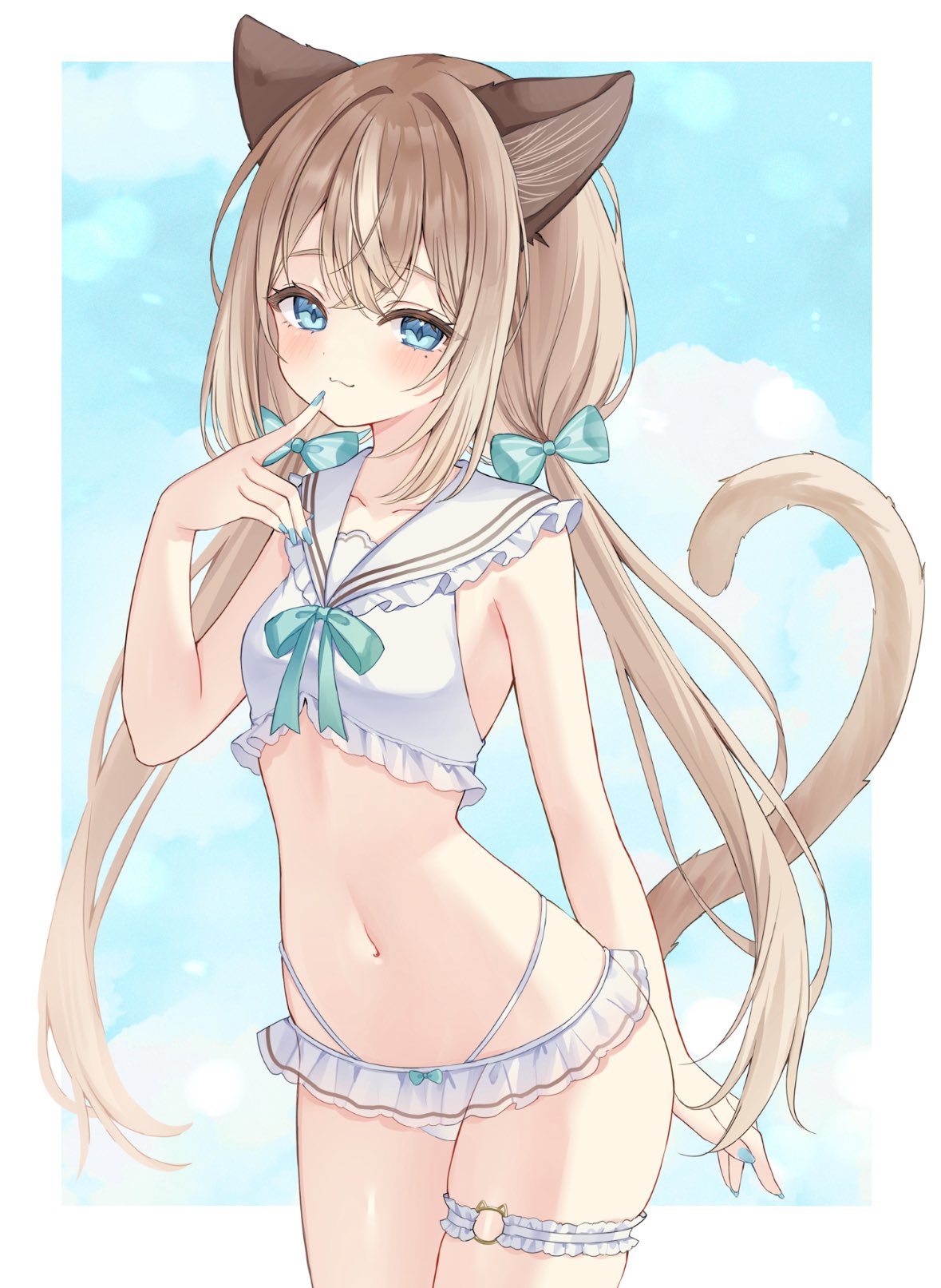 suineco, original, commentary request, commission, highres, skeb commission, variant set, 1girl, animal ears, aqua bow, aqua bowtie, arm behind back, bikini, blue eyes, blue nails, blue sky, blush, border, bow, bowtie, breasts, brown hair, cat ears, cat girl, cat tail, closed mouth, cowboy shot, dot nose, finger to mouth, frilled bikini, frilled sailor collar, frilled thigh strap, frills, hair bow, highleg, highleg bikini, long hair, looking at viewer, low twintails, navel, sailor collar, sidelocks, sky, small breasts, smile, solo, stomach, swimsuit, tail, thigh strap, twintails, very long hair, watermark, white bikini, white border, white sailor collar