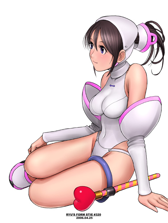 ryu (ryu's form site), 1girl, blue eyes, brown hair, costume, detached sleeves, female focus, simple background, sitting, solo, wand, yokozuwari