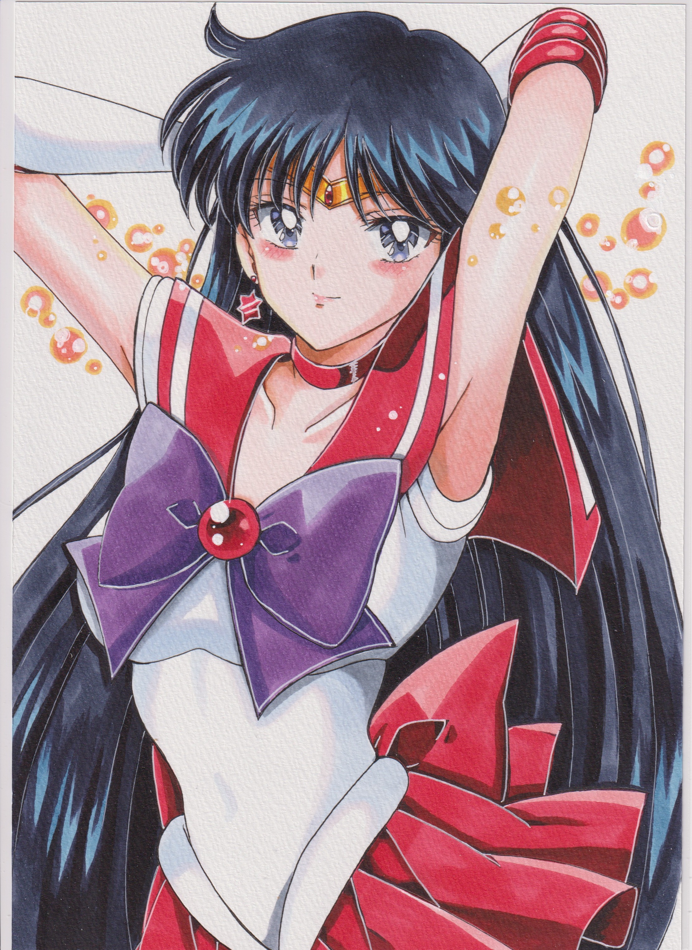 chikoto (kztc4472), hino rei, sailor mars, bishoujo senshi sailor moon, absurdres, commentary, highres, 1girl, armpits, arms up, back bow, black hair, blush, bow, bowtie, choker, closed mouth, collarbone, cowboy shot, elbow gloves, gloves, grey eyes, long hair, looking at viewer, magical girl, pleated skirt, purple bow, purple bowtie, red choker, red sailor collar, red skirt, sailor collar, sailor senshi uniform, shirt, short sleeves, skirt, smile, solo, white shirt