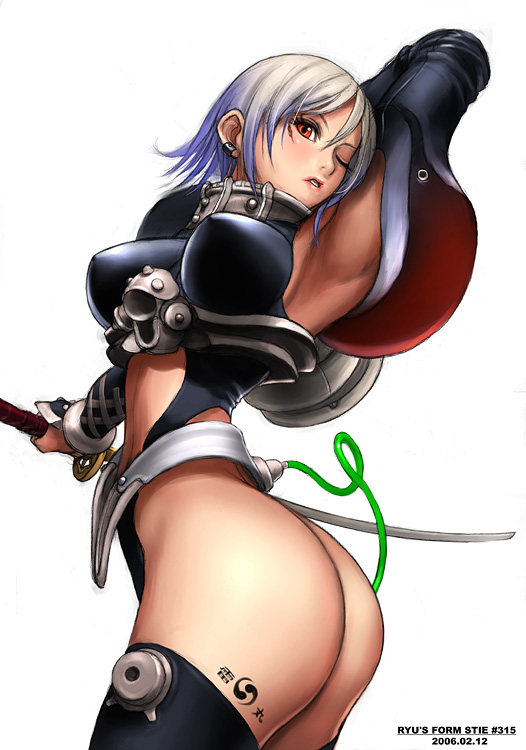 ryu (ryu's form site), silver hair, 1girl, armpits, ass, cowboy shot, dated, female focus, holding, holding sword, holding weapon, leg tattoo, one eye closed, orange eyes, simple background, solo, sword, tattoo, thighhighs, tube, weapon, white background, wink