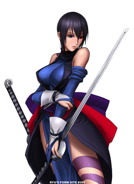 ryu (ryu's form site), shiki (samurai spirits), samurai spirits, snk, 1girl, breasts, elbow gloves, female focus, gloves, heterochromia, holding, holding sword, holding weapon, leg tattoo, purple hair, short hair, simple background, solo, sword, tattoo, very short hair, weapon, white background