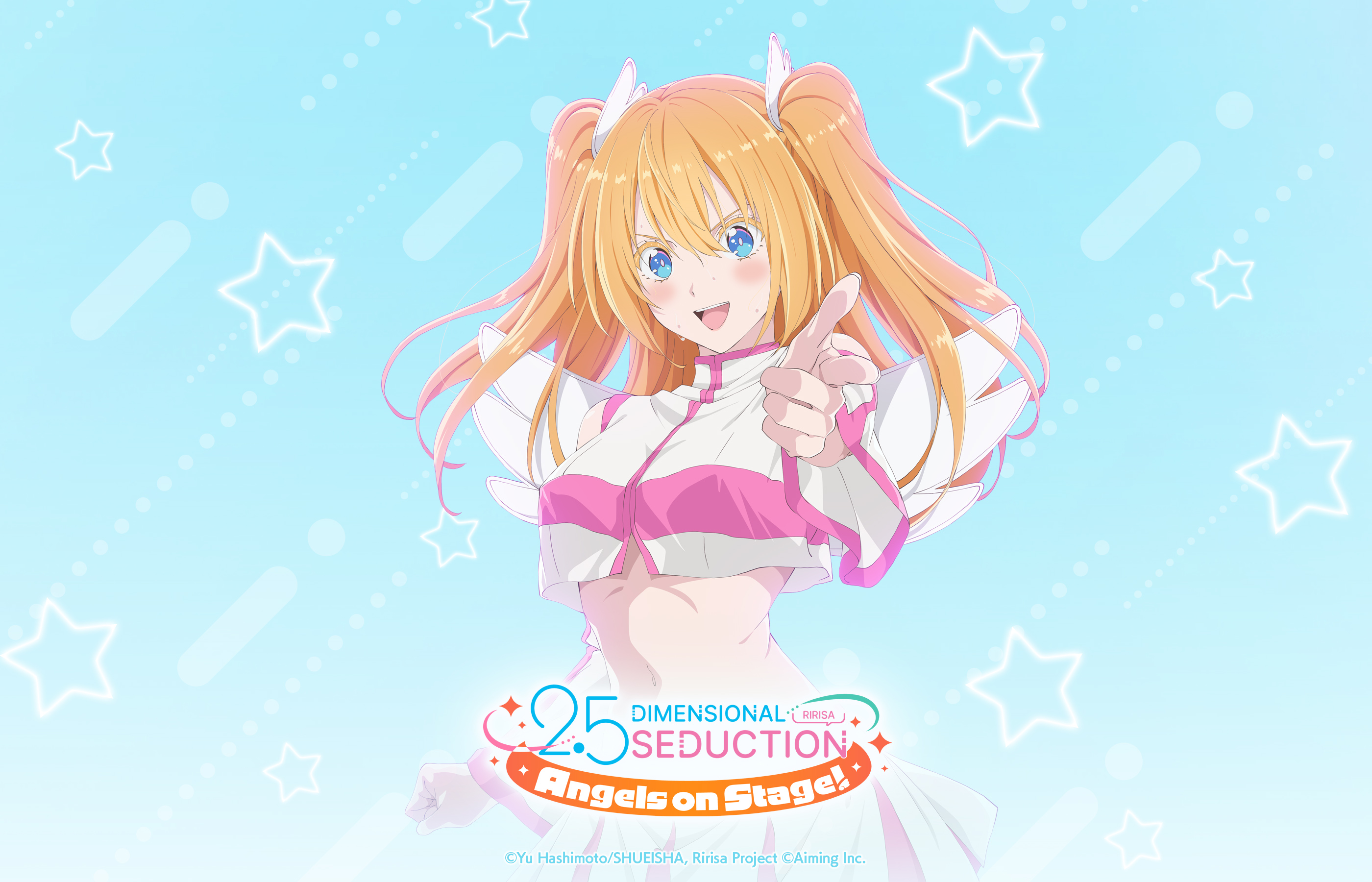 amano ririsa, liliel (2.5 jigen no ririsa), 2.5 jigen no ririsa, 2.5 jigen no ririsa tenshitachi no stage, highres, official art, official wallpaper, 1girl, blue background, blue eyes, blush, breasts, copyright name, copyright notice, cosplay, cowboy shot, crop top, detached sleeves, fake wings, hair between eyes, hair ornament, liliel (2.5 jigen no ririsa) (cosplay), long hair, looking at viewer, medium breasts, midriff, navel, open mouth, orange hair, pink trim, pointing, pointing at viewer, skirt, smile, solo, star (symbol), star symbol background, teeth, two side up, upper teeth only, white skirt, white wings, wings