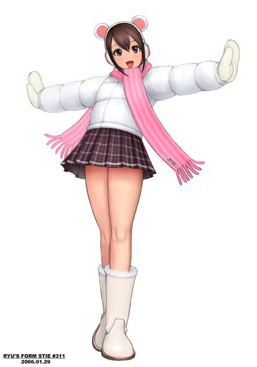 ryu (ryu's form site), original, 00s, 1girl, 2006, :d, animal ears, boots, brown eyes, brown hair, coat, dated, earmuffs, fake animal ears, female focus, full body, legs, legs together, looking at viewer, mittens, open mouth, outstretched arms, pink scarf, pinup (style), plaid clothes, plaid skirt, scarf, shoes, simple background, skirt, smile, solo, spread arms, standing, striped clothes, striped scarf, white background, white boots