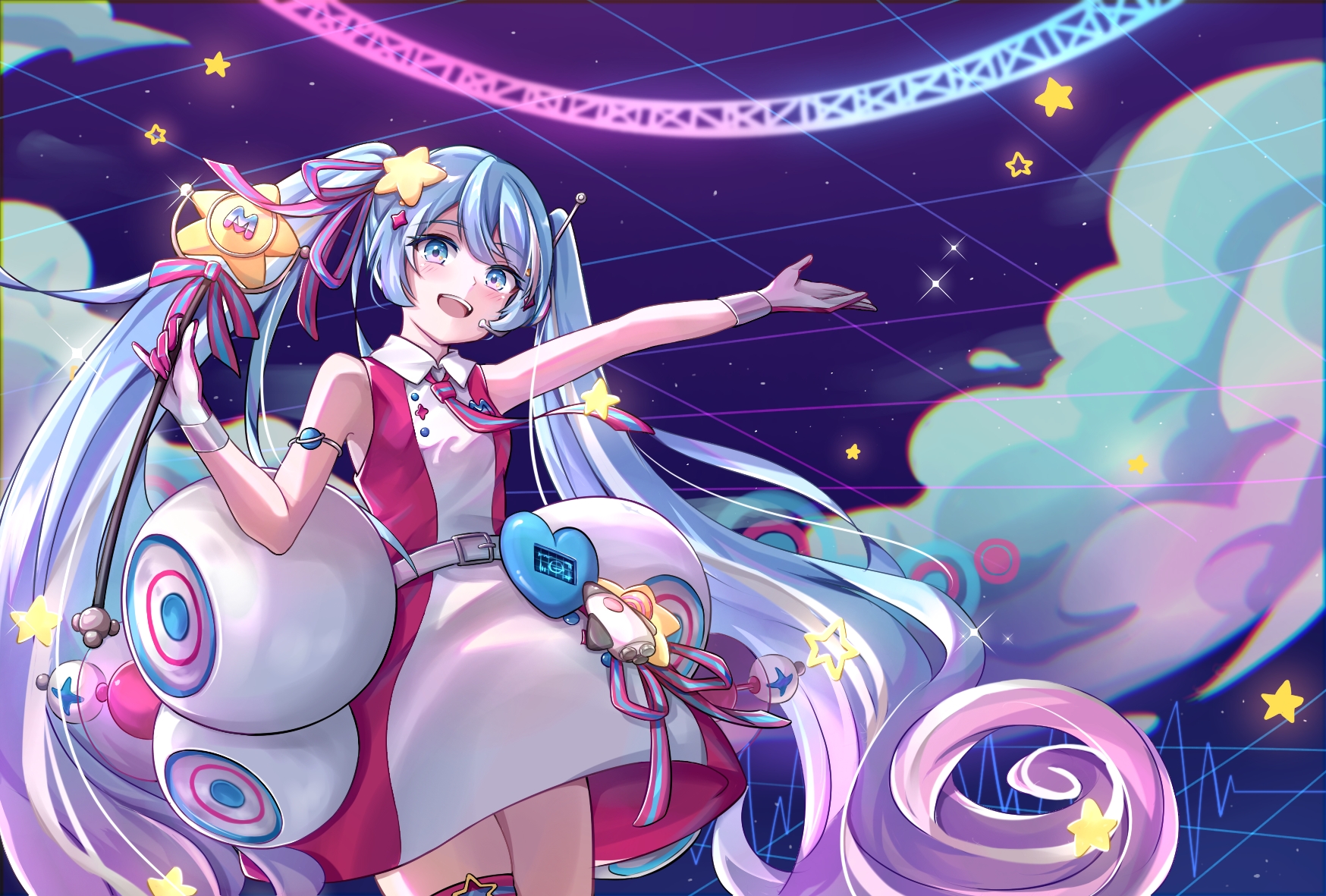 kuma.fishs, hatsune miku, magical mirai miku, magical mirai miku (2022), magical mirai (vocaloid), vocaloid, highres, 1girl, aqua eyes, aqua hair, arm up, collared dress, dress, gloves, gradient hair, hair ornament, holding, holding wand, long hair, looking at viewer, multicolored hair, official alternate costume, official alternate hairstyle, open mouth, pink dress, pink hair, sleeveless, sleeveless dress, smile, star (symbol), star hair ornament, twintails, two-tone dress, very long hair, wand, white dress, white gloves