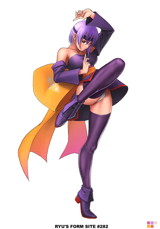 ryu (ryu's form site), ayane (doa), dead or alive, tecmo, 1girl, ankle boots, boots, female focus, leg lift, panties, pantyshot, purple boots, purple hair, red eyes, solo, standing, thighhighs, underwear