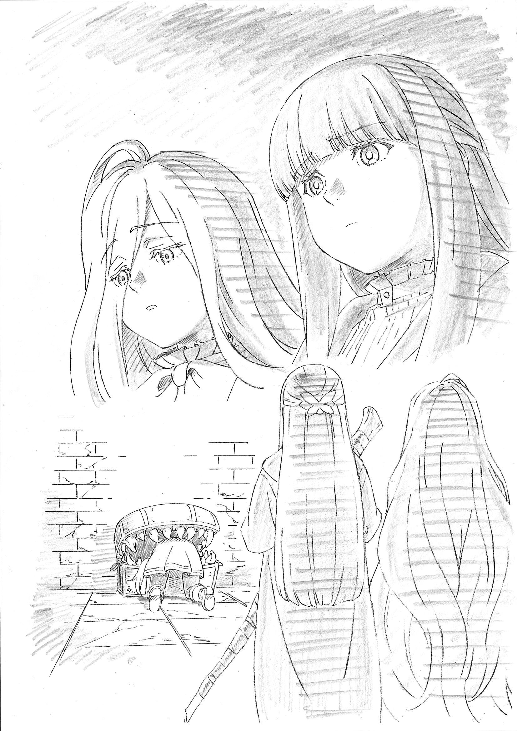 fern (sousou no frieren), frieren, mimic chest, sense (sousou no frieren), sousou no frieren, artist request, commentary request, highres, official art, 3girls, ahoge, blunt bangs, frieren stuck in a mimic (meme), greyscale, hair over one eye, holding, holding staff, long hair, meme, mimic, monochrome, multiple girls, multiple views, sharp teeth, staff, stuck, teeth, treasure chest, very long hair