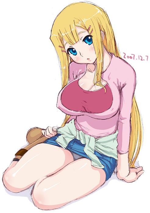 kei jiei, louise halevy, gundam, gundam 00, 00s, 1girl, :o, arm support, blonde hair, blue eyes, blush, boots, breasts, cleavage, covered erect nipples, dated, female focus, hair ornament, head tilt, large breasts, long hair, long sleeves, looking at viewer, sitting, skirt, solo, very long hair, yokozuwari