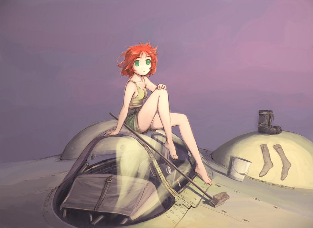 saeki shouji, shouji saeki, original, 1girl, aircraft, airplane, barefoot, boots, broom, feet, female focus, green eyes, red hair, shorts, socks, solo, tank top