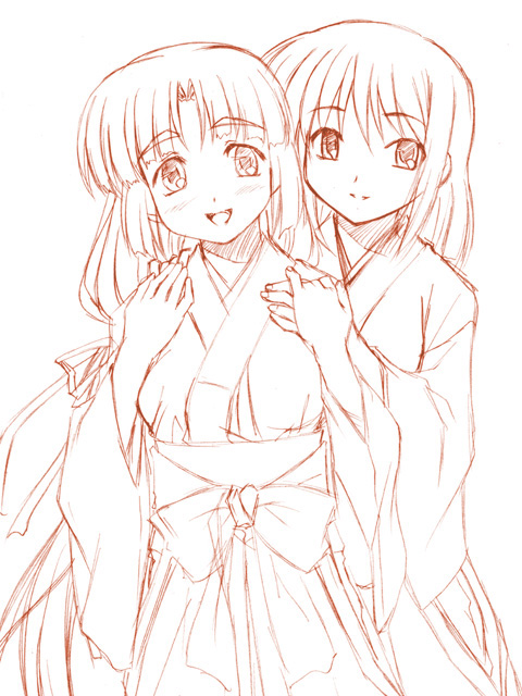 kariga, original, 2girls, japanese clothes, miko, monochrome, multiple girls, orange theme, sketch