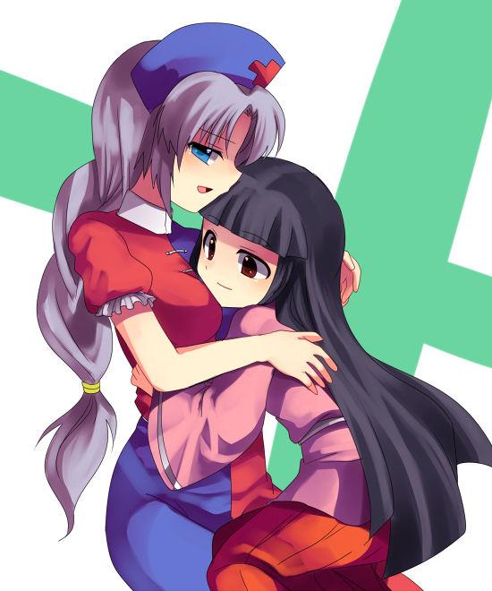 subaru (yachika), houraisan kaguya, yagokoro eirin, touhou, 2girls, black hair, blue eyes, blunt bangs, braid, breast pillow, breasts, brown eyes, female focus, hat, hug, long hair, multiple girls, nurse cap, parted bangs, ponytail, sideways mouth, single braid, yuri