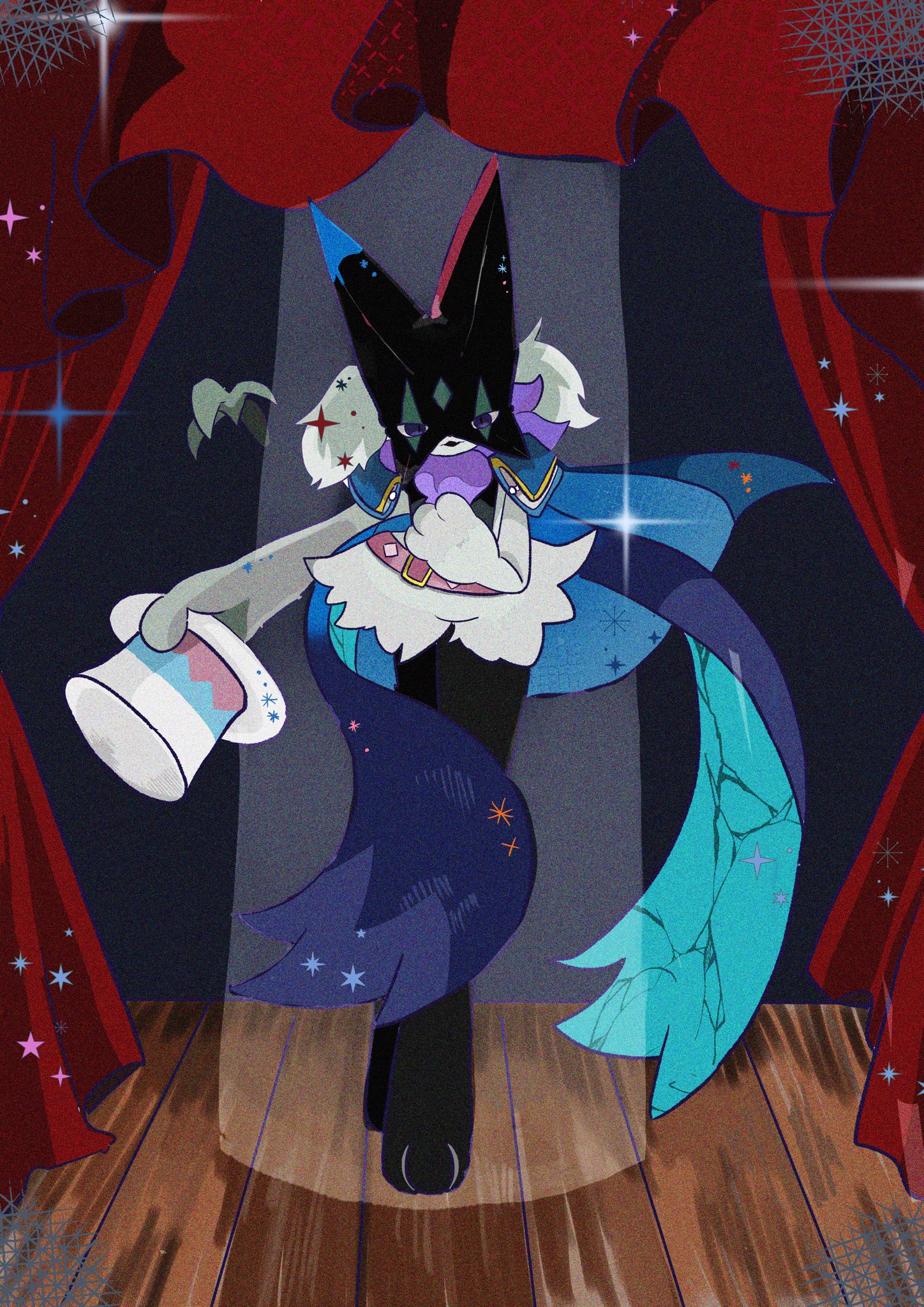 mendako (tyatyaumai29), meowscarada, nintendo, pokemon, highres, alternate color, animal focus, animal hands, belt, blue cape, body fur, bowing, cape, cat, claws, green fur, hat, looking at viewer, no humans, pokemon (creature), pokemon focus, purple eyes, shiny pokemon, smile, spotlight, stage, top hat, two-tone fur