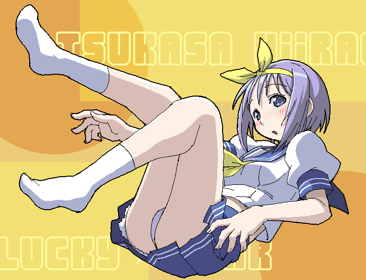 haganemaru kennosuke, hiiragi tsukasa, lucky star, 00s, blouse, character name, feet, full body, miniskirt, neckerchief, oekaki, panties, pantyshot, purple panties, school uniform, serafuku, shirt, skirt, socks, solo, underwear, white shirt, white socks, yellow neckerchief