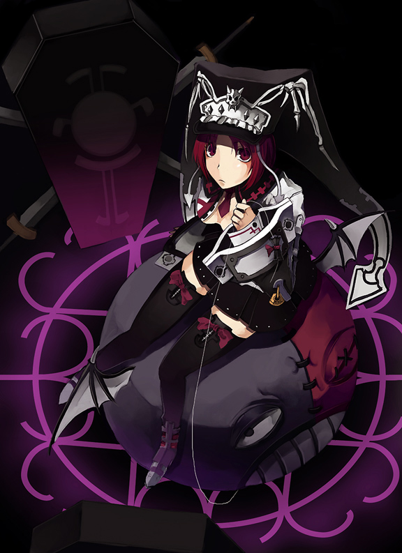 oizaki ken, pos (shiratama-ya), lucifero (balloon), lucifero (guilty gear), valentine (guilty gear), guilty gear, guilty gear 2, 1girl, black dress, black thighhighs, demon wings, dress, female focus, from above, full body, grin, long sleeves, looking at viewer, looking up, red eyes, red hair, short dress, smile, solo, thighhighs, veil, wings, wrist cuffs, zettai ryouiki
