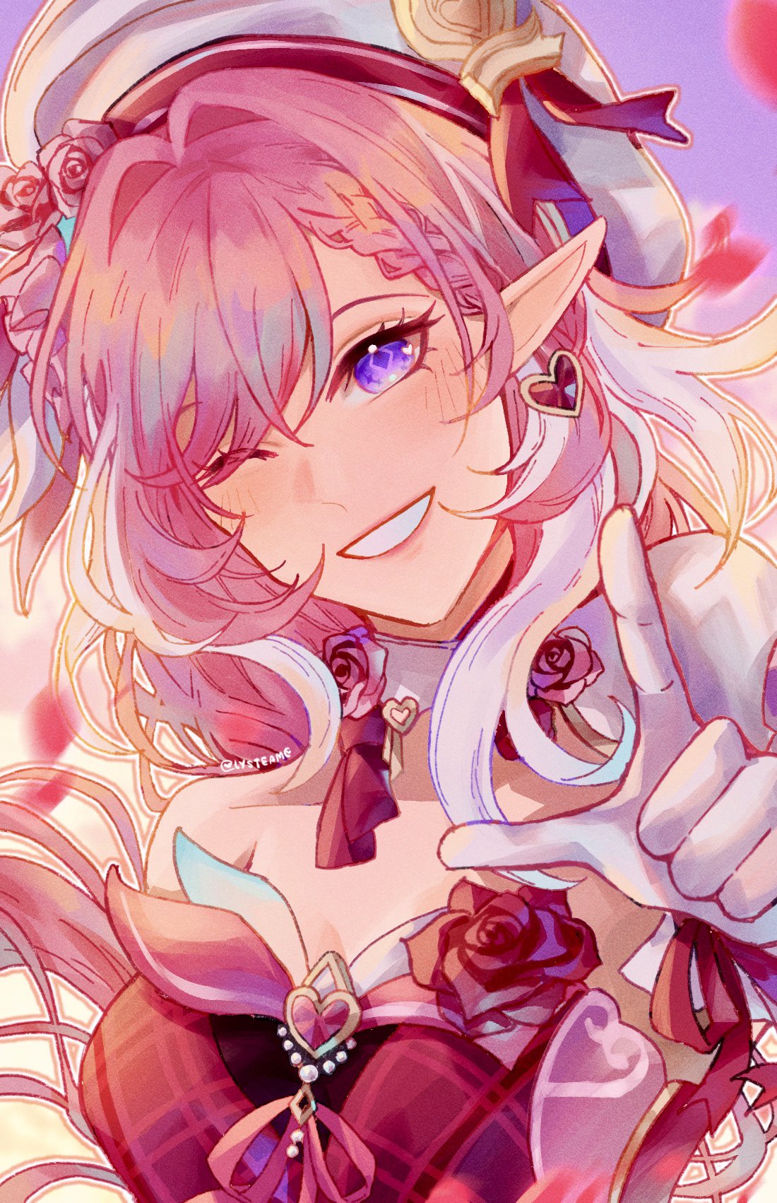 asamanemo, elysia (honkai impact), honkai (series), honkai impact 3rd, commentary, highres, 1girl, breasts, diamond-shaped pupils, diamond (shape), dress, earrings, elf, gloves, hat, heart, heart earrings, jewelry, large breasts, long hair, multicolored hair, pink hair, pointing, pointing at viewer, pointy ears, purple eyes, red dress, solo, symbol-shaped pupils, twitter username, two-tone hair, very long hair, white gloves, white hair, white hat