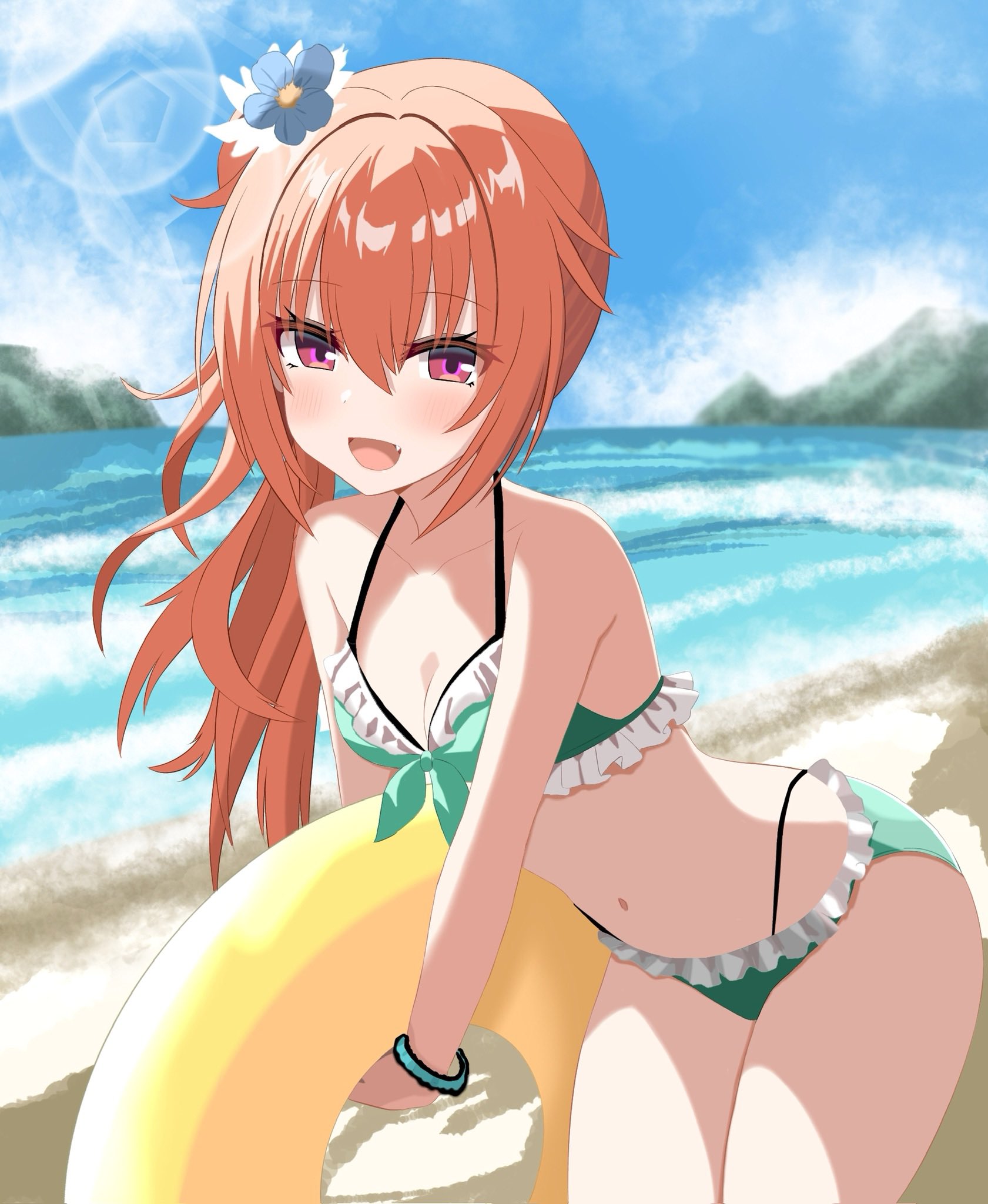 chinoha usagi, inaba meguru, sanoba witch, commentary request, highres, 1girl, :d, alternate costume, bare shoulders, beach, bikini, blue flower, blue sky, blush, breasts, cleavage, collarbone, cowboy shot, day, eyelashes, eyes visible through hair, fang, flower, frilled bikini, frills, green bikini, hair between eyes, hair flower, hair ornament, halterneck, happy, holding, holding swim ring, innertube, leaning forward, lens flare, long hair, looking at viewer, navel, open mouth, outdoors, red eyes, side ponytail, sidelighting, sidelocks, sky, small breasts, smile, solo, sunlight, swim ring, swimsuit, thighs, very long hair, yellow innertube
