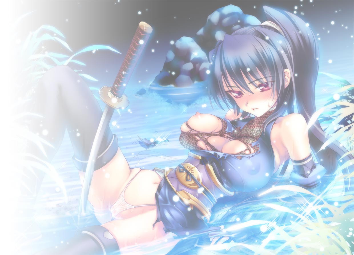 uk-works, subaru (choukou sennin haruka), choukou (alicesoft), choukou sennin haruka, 00s, 1girl, arm support, arms behind back, black thighhighs, blue hair, breasts, cameltoe, female focus, fishnets, katana, large breasts, long hair, lowleg, lowleg panties, lying, ninja, nipples, panties, ponytail, red eyes, skindentation, solo, sword, thighhighs, torn clothes, underwear, water, weapon, wet, wet clothes, wet panties, white panties
