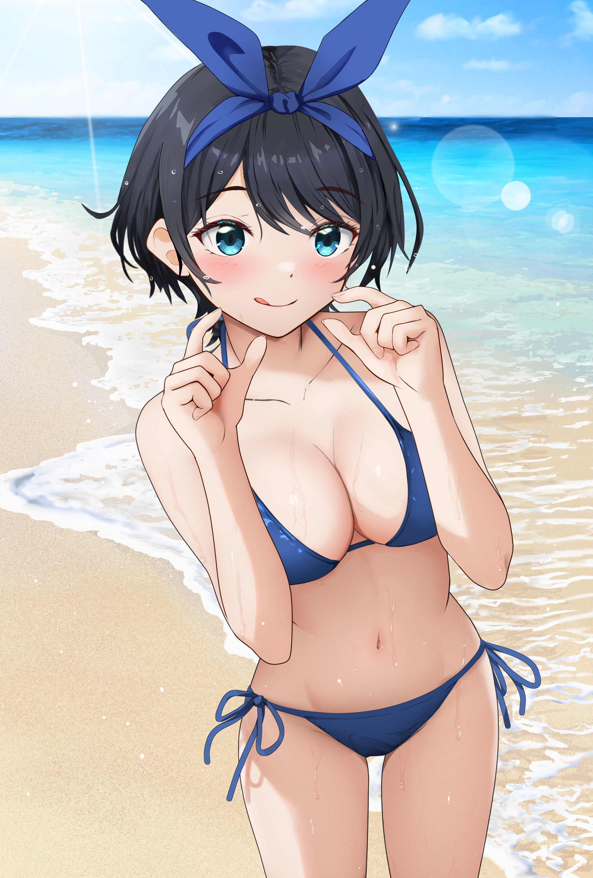 gibun (sozoshu), sarashina ruka, kanojo okarishimasu, absurdres, commentary request, highres, revision, 1girl, :q, beach, bikini, black hair, blue bikini, blue eyes, blue hairband, blue sky, blush, breasts, cloud, day, hairband, hands up, medium breasts, navel, ocean, outdoors, short hair, side-tie bikini bottom, sky, solo, stomach, summer, swimsuit, thighs, tongue, tongue out, wet