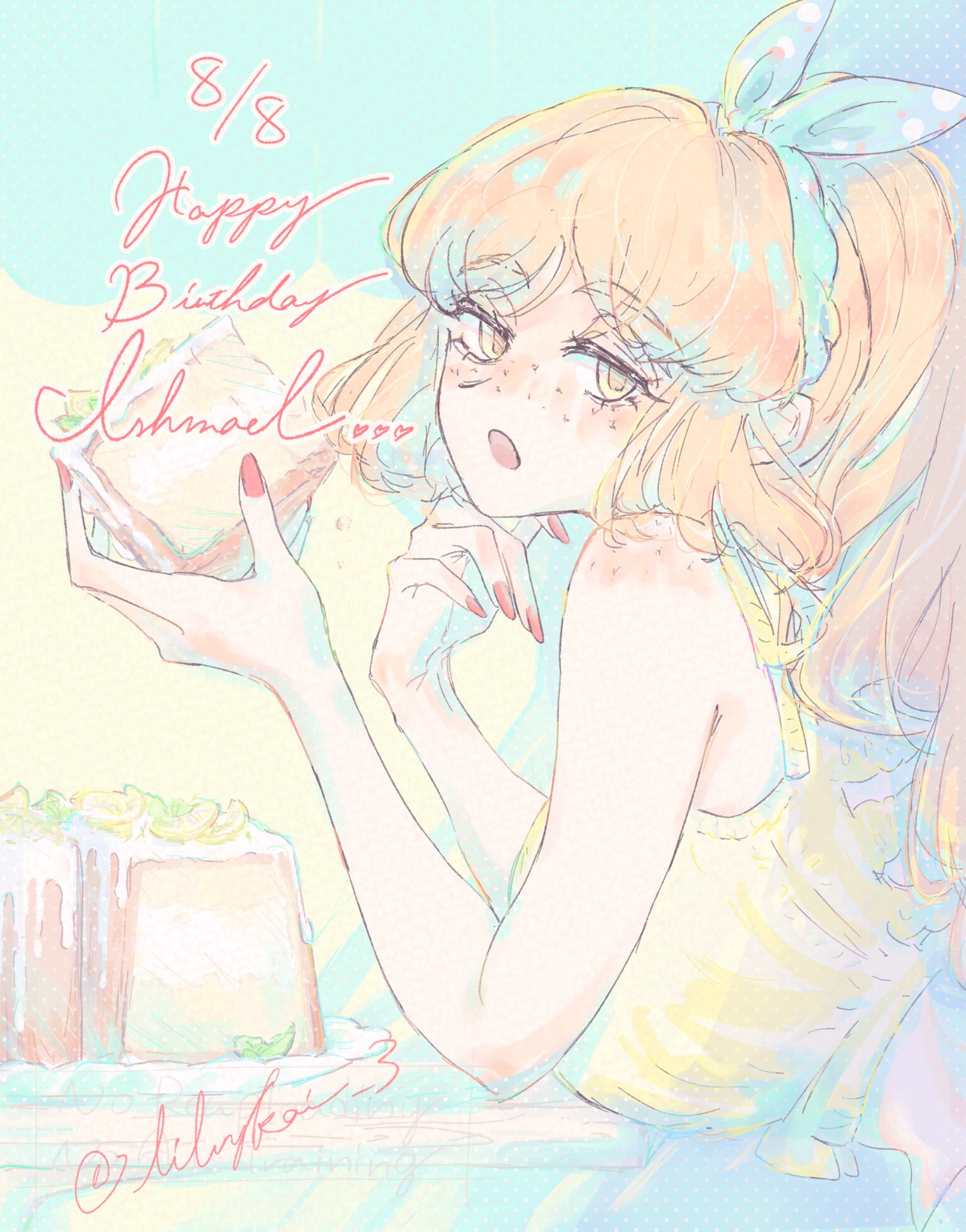 riri (kira0311), ishmael (project moon), limbus company, project moon, highres, 1girl, :o, alternate costume, blue background, cake, cake slice, character name, crop top, dated, food, freckles, hairband, happy birthday, long hair, looking at viewer, lying, on stomach, orange eyes, orange hair, ponytail, red nails, shirt, simple background, solo, upper body, white hairband, yellow shirt