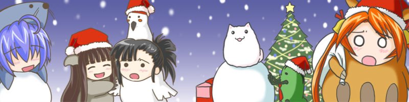 motsu, shichimi, kagurazaka asuna, konoe konoka, miyazaki nodoka, motsu (negima), sakurazaki setsuna, shichimi (negima), mahou sensei negima!, 00s, 4girls, black hair, blue hair, brown hair, christmas, christmas tree, fir tree, fur trim, hat, looking at viewer, multiple girls, o o, open mouth, orange hair, outdoors, pactio, plant, pom pom beanie, santa hat, short hair, snow, snowing, snowman, star (symbol), tree, winter