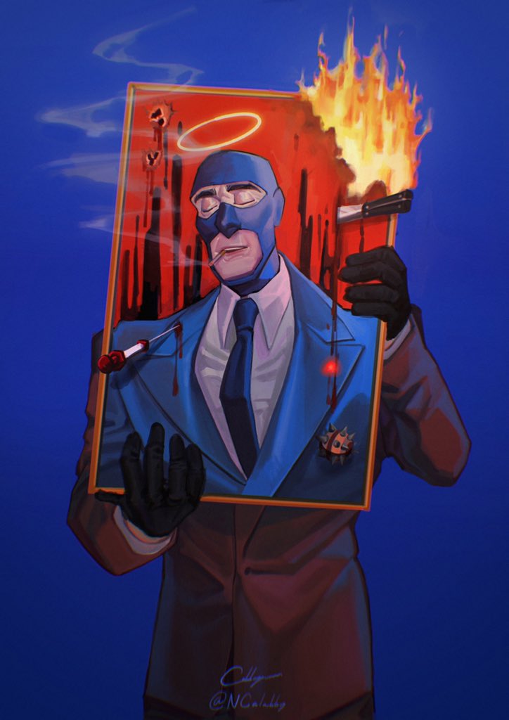 cabbage (ncalabby), blu spy (tf2), red spy (tf2), spy (tf2), team fortress 2, commentary, english commentary, 1boy, balaclava, black gloves, blue background, blue jacket, blue necktie, bullet hole, cigarette, closed eyes, collared shirt, folding knife, formal clothes, gloves, halo, holding painting, ice pick, jacket, knife, long sleeves, male focus, necktie, painting (object), red jacket, shirt, signature, simple background, smoke, smoking, solo, stab, switchblade, upper body, white shirt