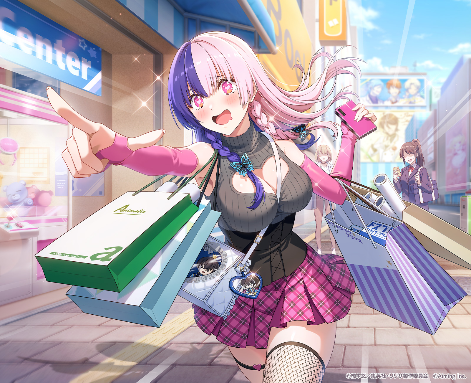 753 (2.5 jigen no ririsa), 2.5 jigen no ririsa, 2.5 jigen no ririsa tenshitachi no stage, highres, official art, 3girls, bag, bare shoulders, black corset, blue sky, blush, braid, breasts, butterfly hair ornament, cellphone, cleavage, cleavage cutout, clothing cutout, copyright notice, corset, drooling, elbow gloves, fishnet thighhighs, fishnets, gloves, grey sweater, hair ornament, heart, heart-shaped pupils, heart cutout, holding, holding phone, large breasts, long hair, mouth drool, multicolored hair, multiple girls, open mouth, outdoors, partially fingerless gloves, phone, pink eyes, pink hair, pink skirt, plaid clothes, plaid skirt, pointing, pointing forward, purple hair, running, single thighhigh, skirt, sky, sleeveless, sleeveless sweater, smartphone, smile, solo focus, split-color hair, sweater, symbol-shaped pupils, thigh strap, thighhighs, tote bag