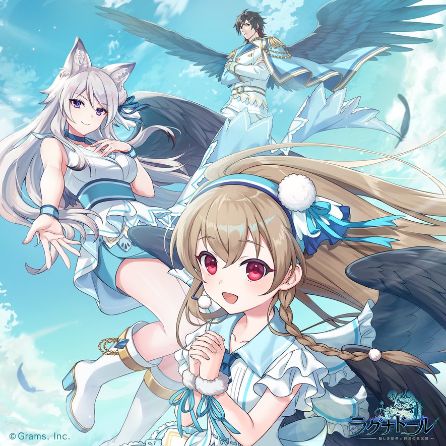 ragnador, character request, commentary request, official art, second-party source, 1boy, 2girls, animal ears, black feathers, black hair, black wings, blue hairband, blue necktie, blue sky, boots, braid, brown hair, closed mouth, cloud, company name, copyright logo, copyright name, day, dress, feathers, floating hair, grey hair, hairband, hand on own chest, high heel boots, high heels, idol clothes, kurama tengu (ragnador), long hair, looking at viewer, multicolored hair, multiple girls, necktie, official alternate costume, outstretched arm, own hands clasped, own hands together, purple eyes, red eyes, red hair, short dress, short hair, single wing, sky, sleeveless, sleeveless dress, smile, two-tone hair, white boots, white dress, wings