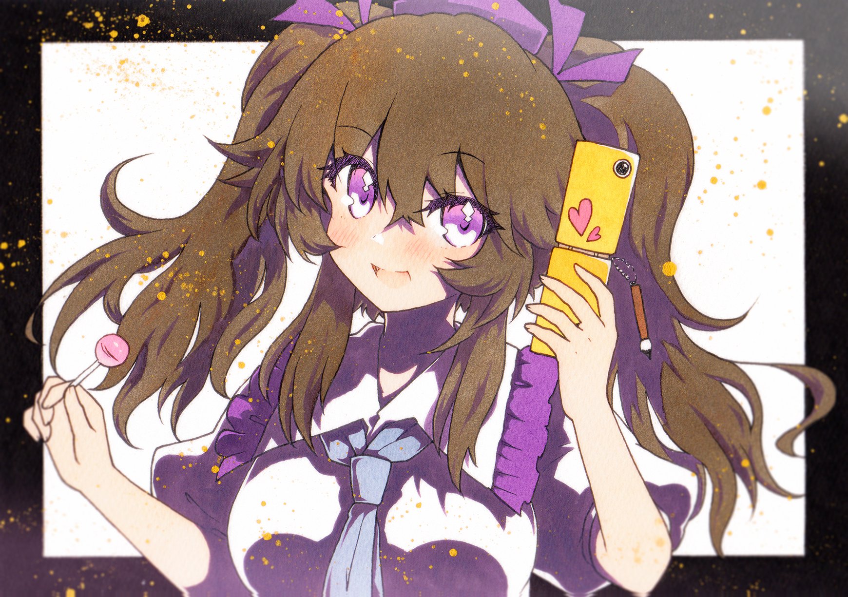 rinka (qqqrinkappp), himekaidou hatate, touhou, highres, 1girl, blue necktie, brown hair, candy, cellphone, flip phone, food, hair between eyes, hat, holding, holding candy, holding food, holding lollipop, holding phone, lollipop, long hair, looking at viewer, necktie, open mouth, phone, puffy short sleeves, puffy sleeves, purple eyes, purple hat, shirt, short sleeves, sidelocks, smile, solo, twintails, upper body, white background, white shirt
