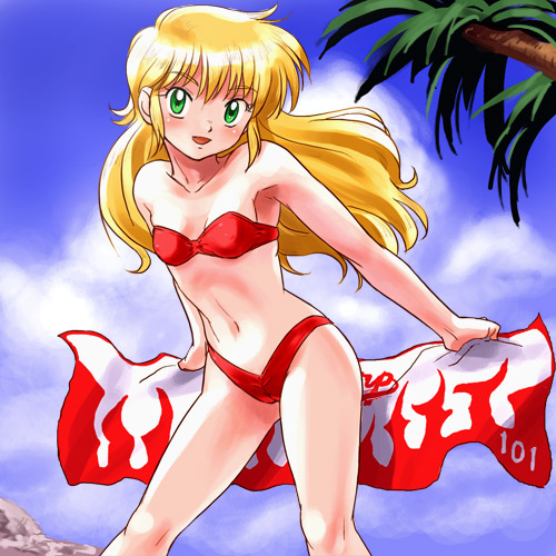 haruyama kazunori, melody patricia norman, miracle giants domu-kun, 1980s (style), lowres, 1girl, armpits, bandeau, bandeau bikini, beach, bikini, blonde hair, blush, cloud, day, female focus, flat chest, green eyes, long hair, oldschool, outdoors, palm tree, red bikini, retro artstyle, sky, smile, solo, strapless, strapless bikini, swimsuit, towel, tree, tube top