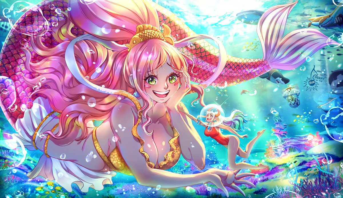 cherryinthesun, shirahoshi, yamato (one piece), one piece, 2girls, bare legs, barefoot, blue hair, breasts, cleavage, female focus, full body, giant, giantess, green eyes, horns, large breasts, long hair, looking at another, mermaid, monster girl, multicolored hair, multiple girls, one-piece swimsuit, pink hair, swimsuit, two-tone hair, white hair
