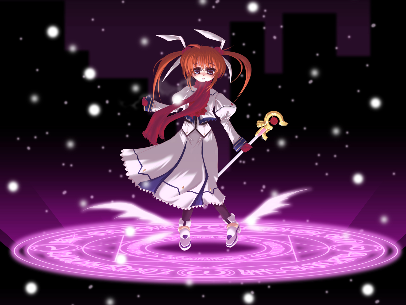 frapowa, raising heart, raising heart (accel mode), takamachi nanoha, takamachi nanoha (sacred mode), lyrical nanoha, mahou shoujo lyrical nanoha, mahou shoujo lyrical nanoha a's, winged footwear, highres, 00s, 1girl, animal ears, blue eyes, bow, breath, brown hair, dress, female focus, gloves, hair ribbon, magazine (weapon), magic circle, magical girl, mittens, purple eyes, rabbit ears, red bow, red hair, ribbon, scarf, shoes, snowing, solo, standing, standing on magic circle, twintails, wand, wings