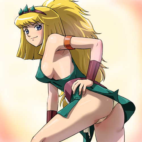 haruyama kazunori, cleo (uchuu majin daikengou), uchuu majin daikengou, lowres, 1girl, armband, armpits, ass, bare shoulders, belt, blonde hair, blue eyes, blush, bracer, breasts, covered erect nipples, dress, female focus, gradient background, hairband, hand on own hip, hip focus, kneepits, leaning forward, long hair, looking at viewer, looking back, no bra, panties, pantyshot, ponytail, profile, short dress, side slit, sideboob, smile, solo, spread legs, standing, thighs, thong, underwear, very long hair, white panties