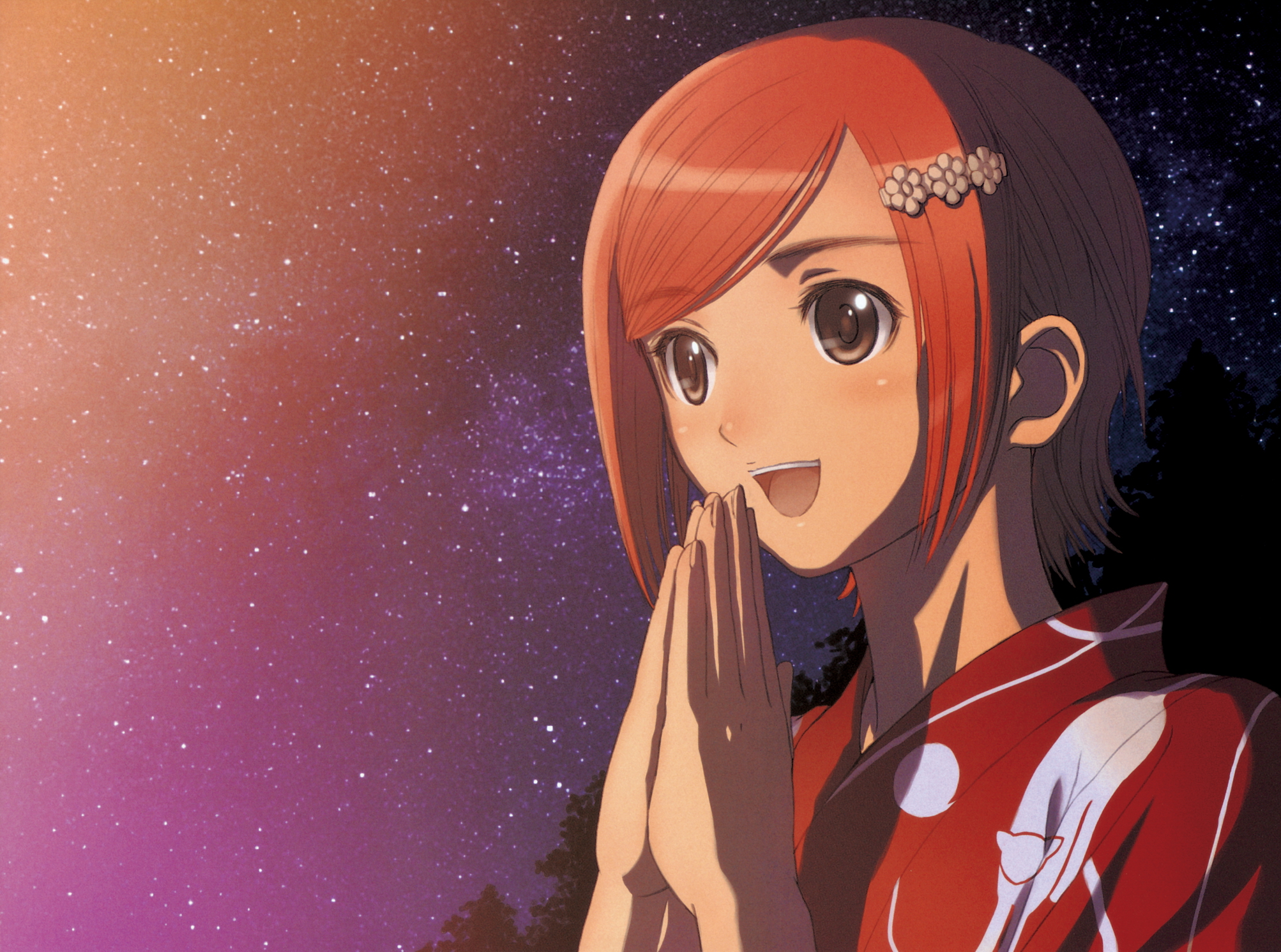 tony taka, seena kanon, sega, shining (series), shining wind, highres, 1girl, bob cut, brown eyes, female focus, hair ornament, hairclip, japanese clothes, kimono, red hair, short hair, sky, smile, solo, star (sky), star (symbol), starry sky