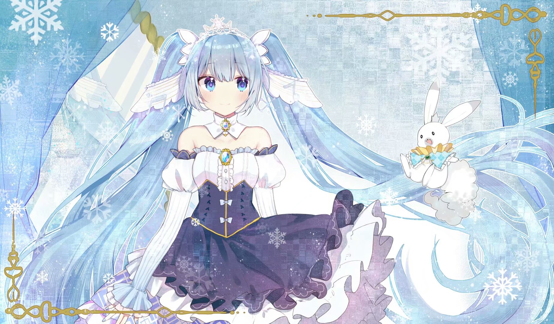 kakami (pixiv7616827), hatsune miku, rabbit yukine, yuki miku, yuki miku (2019), vocaloid, highres, 1girl, aqua hair, blue eyes, detached sleeves, dress, fortissimo, frilled dress, frills, hair ornament, long hair, long sleeves, musical note, musical note hair ornament, official alternate costume, official alternate hairstyle, puffy long sleeves, puffy sleeves, rabbit, snowflake hair ornament, snowflakes, strapless, strapless dress, twintails, very long hair