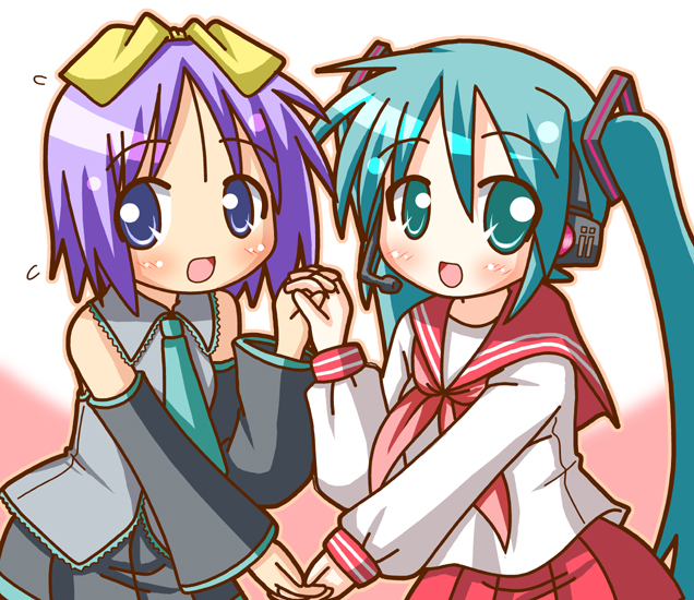 minami (colorful palette), hatsune miku, hiiragi tsukasa, lucky star, vocaloid, aqua eyes, aqua hair, blue eyes, cosplay, costume switch, crossover, detached sleeves, hair ribbon, hatsune miku (cosplay), hiiragi tsukasa (cosplay), holding hands, long hair, microphone, necktie, purple hair, ribbon, school uniform, serafuku, short hair, twintails