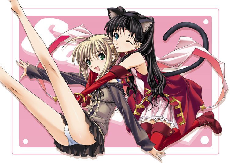 yatsushima tetsuya, artoria pendragon (fate), kaleido ruby, saber (fate), tohsaka rin, toosaka rin, fate/hollow ataraxia, fate/stay night, fate (series), 00s, 2girls, ;p, ahoge, animal ears, bad anatomy, black hair, blonde hair, boots, cat ears, cat tail, elbow gloves, gloves, green eyes, happy, hug, kneeling, legs up, long hair, long legs, miniskirt, multiple girls, official alternate costume, one eye closed, outstretched arms, panties, pantyshot, ribbon, sitting, skirt, smile, spread arms, tail, thighhighs, tongue, tongue out, underwear, upskirt, wink
