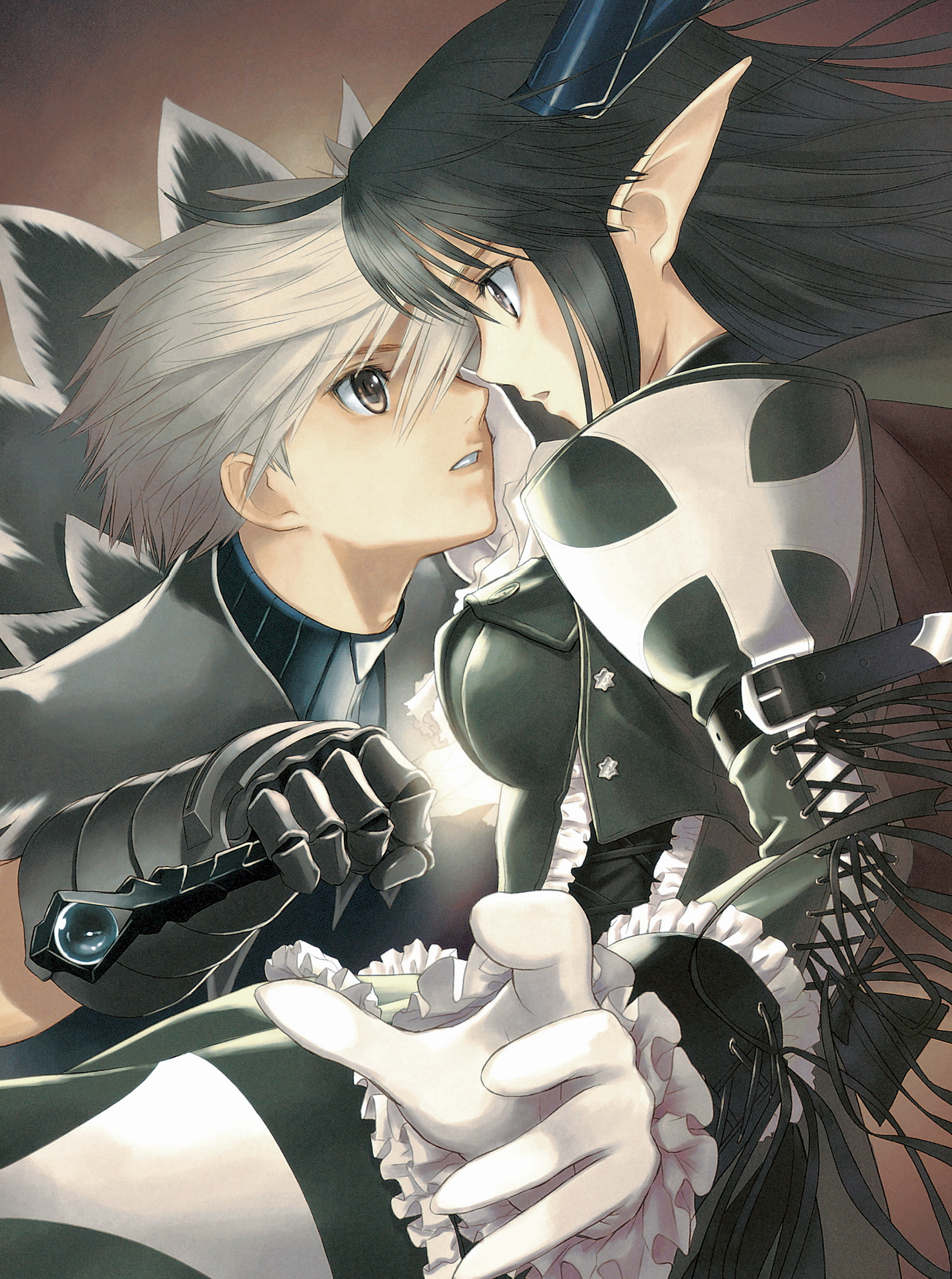 tony taka, kaito kiriya, xecty ein, sega, shining (series), shining wind, silver hair, highres, 1boy, 1girl, armor, black hair, couple, elf, eye contact, foreshortening, frills, gathers, gauntlets, gloves, hetero, human scabbard, long hair, looking at another, pointy ears, sword, weapon