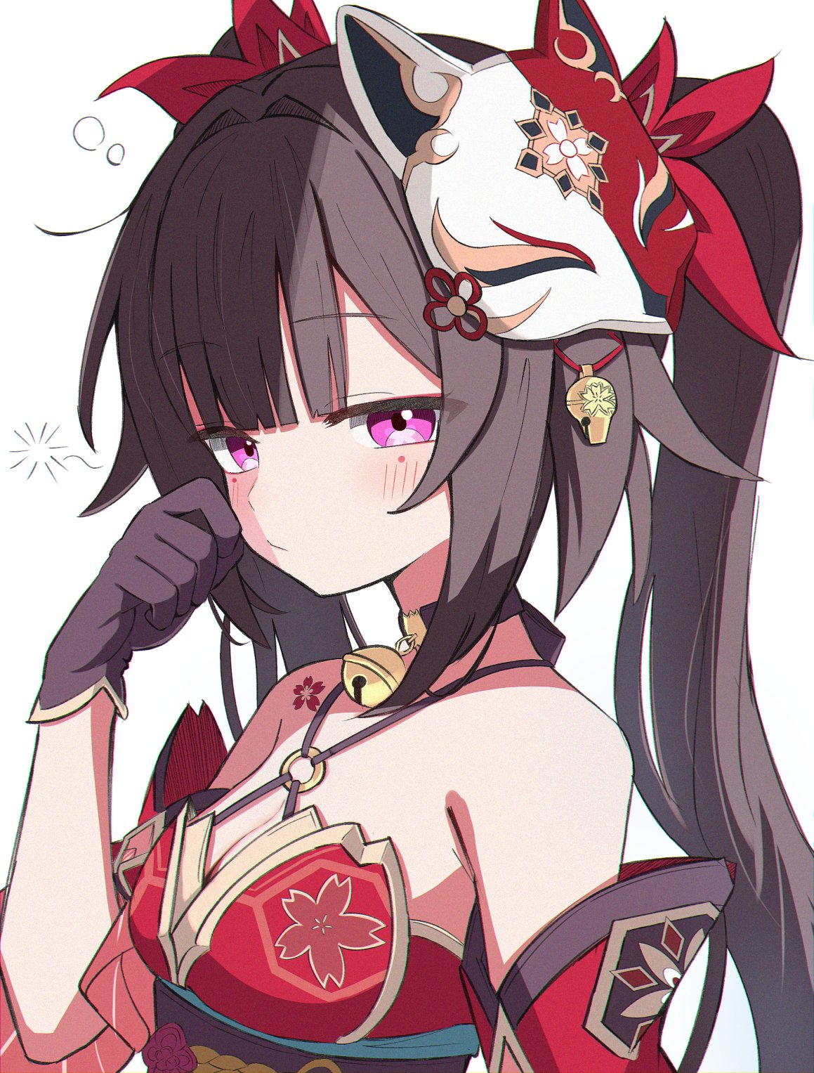 sasanekomaru, sparkle (honkai: star rail), honkai: star rail, honkai (series), highres, 1girl, armpit crease, bare shoulders, bell, black choker, black sash, brown hair, butterfly-shaped pupils, choker, circle facial mark, criss-cross halter, dress, flower tattoo, fox mask, half-closed eyes, halterneck, hand on own face, looking at viewer, mark under both eyes, mask, mask on head, neck bell, pink eyes, red dress, red sleeves, sash, simple background, sleepy, solo, symbol-shaped pupils, tattoo, twintails, upper body, white background