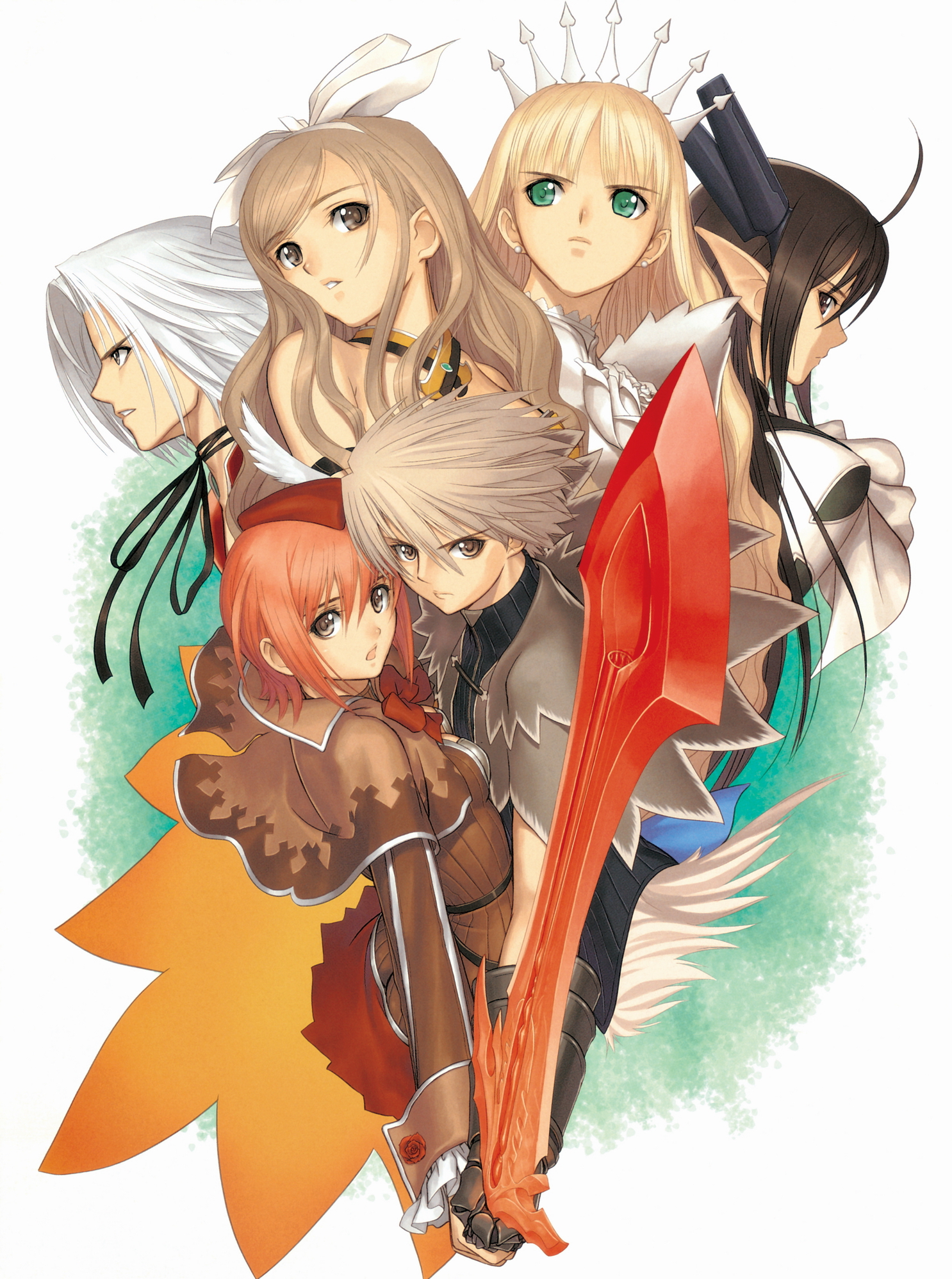 tony taka, akizuki souma, clalaclan philias, kaito kiriya, seena kanon, souma akizuki, touka kureha, xecty ein, sega, shining (series), shining wind, highres, 2boys, 4girls, blonde hair, bow, brown eyes, brown hair, crown, elf, green eyes, hat, multiple boys, multiple girls, pointy ears, red hair, sword, weapon