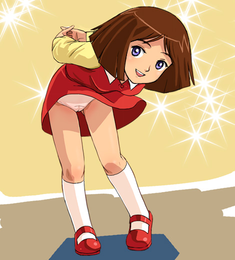 haruyama kazunori, taki kaoru, trider g7, 1980s (style), 1girl, arms behind back, bent over, brown hair, cameltoe, clothes lift, facing viewer, female focus, kneehighs, loli, looking at viewer, mary janes, medium hair, oldschool, own hands clasped, own hands together, panties, pantyshot, retro artstyle, shoes, skirt, skirt lift, socks, solo, underwear, wind, wind lift