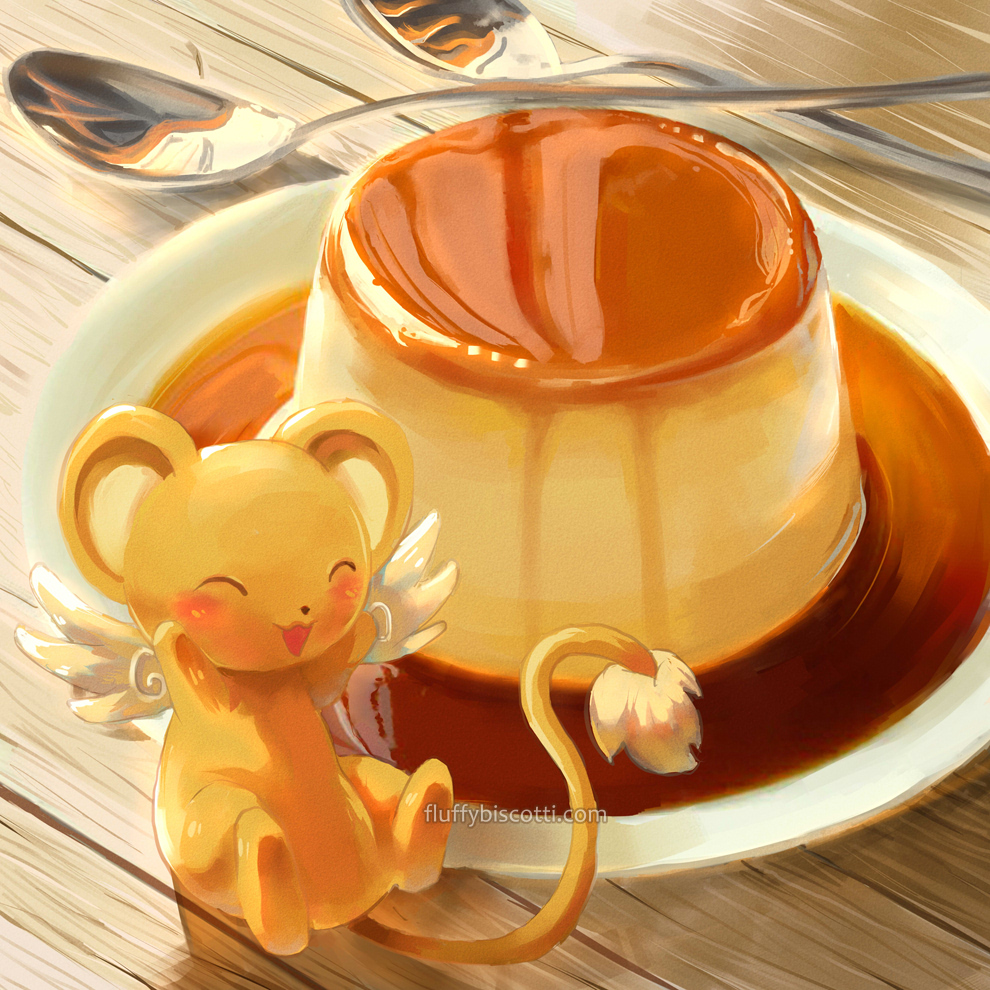 fluffybiscotti, kero (cardcaptor sakura), cardcaptor sakura, :3, ^ ^, blush, closed eyes, creature, food, food focus, happy, no humans, open mouth, plate, pudding, sitting, solo, spoon, tail, watermark, web address, white wings, wings