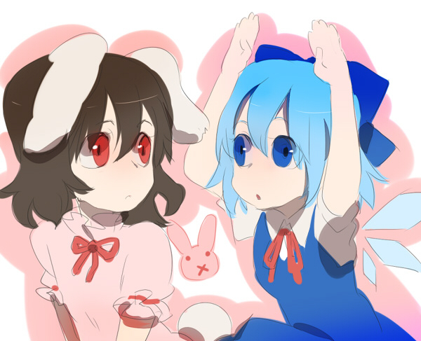 kazune (baumkuchen), mokeo, cirno, inaba tewi, touhou, 2girls, animal ears, arms up, blue bow, blue dress, blue eyes, blue hair, bow, brown hair, dress, female focus, flat chest, hair bow, imitating, multiple girls, neck ribbon, pink shirt, rabbit, rabbit ears, rabbit tail, red eyes, red ribbon, ribbon, shadow, shirt, short hair, short sleeves, tail