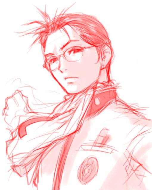 sano toshihide, nanjo kei, nanjou kei, atlus, persona, persona 1, 1boy, glasses, looking at viewer, male focus, monochrome, scarf, sketch, solo, upper body