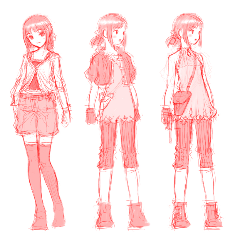 sano toshihide, 1girl, bag, blouse, blush, boots, capri pants, crop top, fashion, female focus, flat chest, gloves, gun, halterneck, handbag, handgun, jacket, monochrome, pants, pistol, ponytail, reference sheet, shirt, short hair, shorts, simple background, sketch, smile, solo, standing, thighhighs, weapon, zettai ryouiki