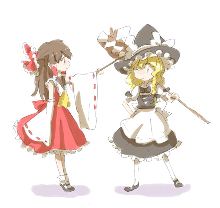 mokeo, hakurei reimu, kirisame marisa, touhou, black footwear, white legwear, 2girls, apron, ascot, black bow, black eyes, black hair, black hat, black skirt, black vest, blonde hair, blue eyes, bow, braid, broom, carrying over shoulder, detached sleeves, female focus, full body, gohei, hair bow, hair tubes, half updo, hand on own hip, hat, hat bow, hat ribbon, hitting, holding, holding broom, legs apart, legs together, long hair, looking at another, mary janes, multiple girls, one eye closed, pantyhose, profile, red bow, red ribbon, red skirt, ribbon, ribbon-trimmed sleeves, ribbon trim, shide, shirt, shoes, short sleeves, single braid, sketch, skirt, socks, standing, vest, waist apron, white apron, white background, white bow, white ribbon, white shirt, witch hat