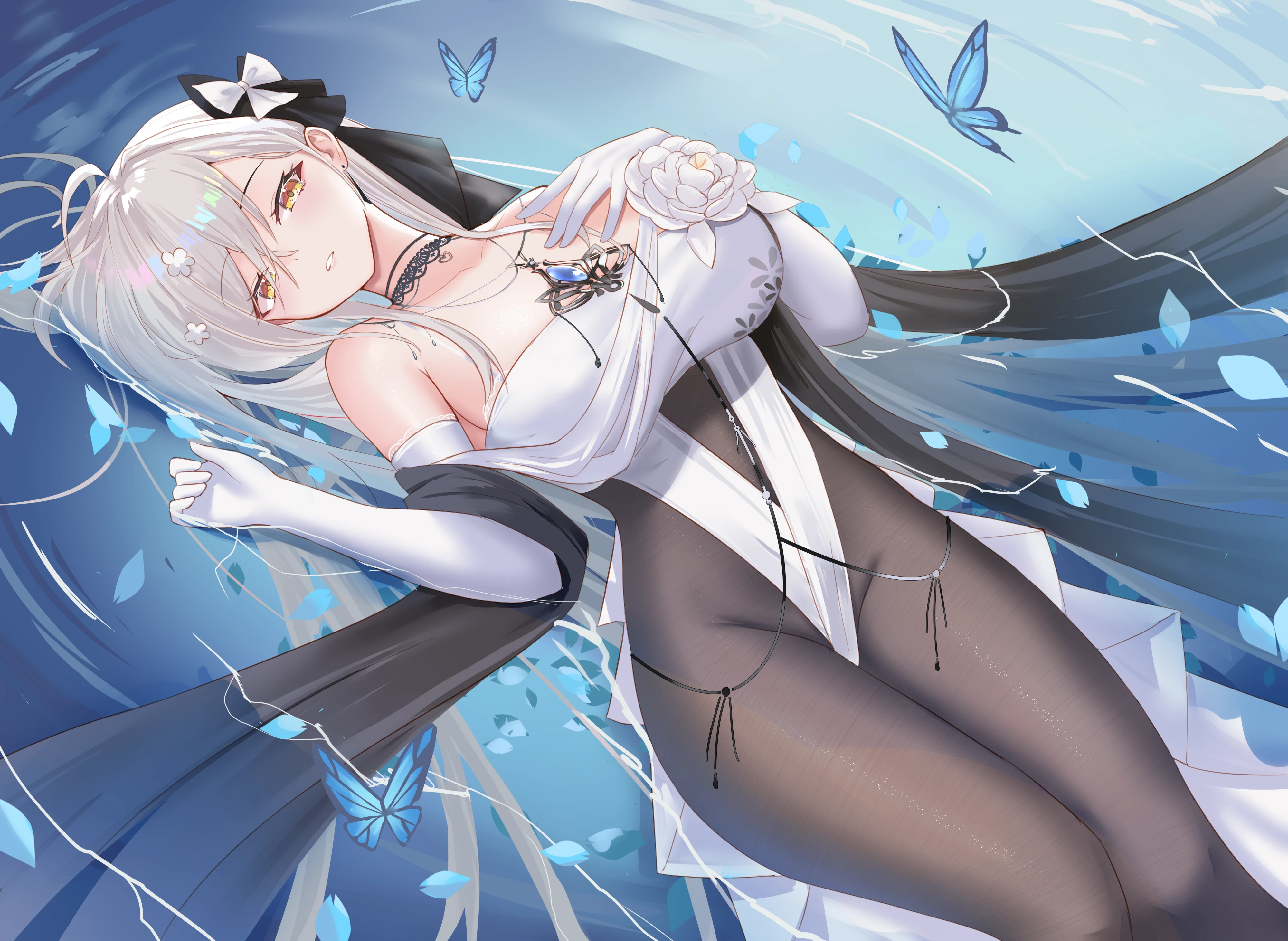 rorokaede, indie virtual youtuber, absurdres, character request, chinese commentary, commentary request, highres, second-party source, 1girl, ahoge, bare shoulders, blue butterfly, blue gemstone, bodystocking, bow, breasts, bug, butterfly, choker, collarbone, crossed bangs, dress, dress flower, elbow gloves, flower, from above, gem, gloves, groin, hair between eyes, hair bow, hair flower, hair ornament, hand on own chest, hand up, highleg, highleg dress, insect, jewelry, lace-trimmed choker, lace trim, large breasts, long hair, looking at viewer, lying, necklace, off-shoulder dress, off shoulder, on back, parted lips, petals, petals on liquid, shallow water, solo, super highleg, thighs, very long hair, virtual youtuber, water, white bow, white flower, white gloves, white hair, yellow eyes