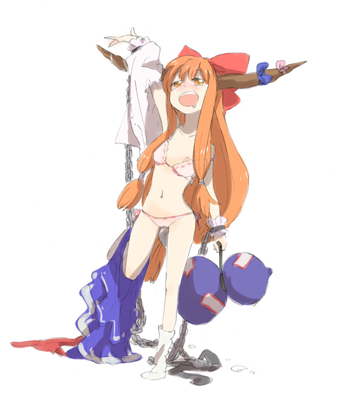 mokeo, ibuki suika, touhou, 1girl, bra, drunk, female focus, flat chest, full body, leg lift, lingerie, long hair, low-tied long hair, nipple slip, nipples, orange eyes, orange hair, panties, solo, standing, underwear, white background