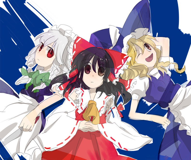 kazune (baumkuchen), mokeo, hakurei reimu, izayoi sakuya, kirisame marisa, touhou, silver hair, 3girls, apron, arm up, ascot, blonde hair, bow, braid, brown eyes, brown hair, detached sleeves, expressionless, female focus, from above, hair bow, hair tubes, hands on own stomach, hat, knife, long hair, looking at viewer, lying, maid headdress, multiple girls, one eye closed, own hands clasped, own hands together, puffy sleeves, red eyes, short sleeves, smile, twin braids, waist apron, witch hat, yellow eyes