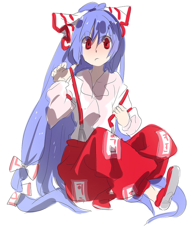 kazune (baumkuchen), mokeo, fujiwara no mokou, touhou, 1girl, blue hair, bow, female focus, full body, hair bow, hair ribbon, long hair, long sleeves, looking at viewer, pants, red eyes, ribbon, shirt, shoes, simple background, sitting, solo, suspenders, tress ribbon, very long hair, white background, white shirt